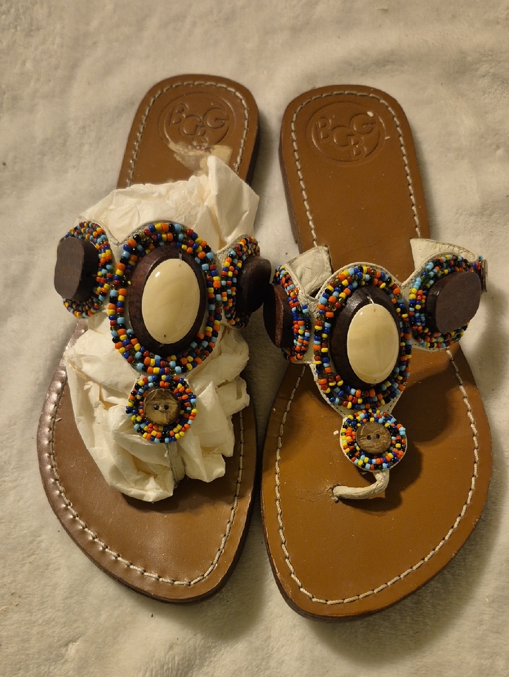 BCBG Multicolor Beaded Tan Leather Sandals